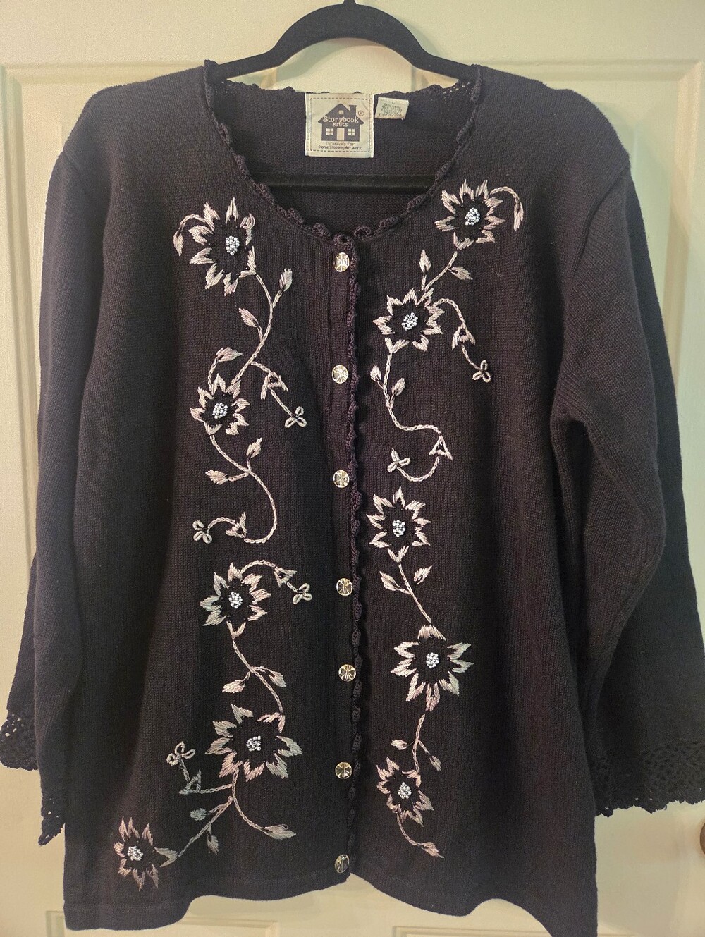 Vtg Storybook Knits Size L Floral Embroidery Cardigan Cottagecore Beaded